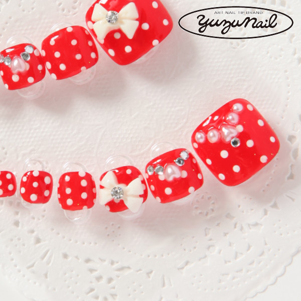 ゆずネイル｜ネイルチップ  レッド系 ボーダー・ストライプ・ドット ハート リボン 夏 デート ドレス（A01499-P-RED）