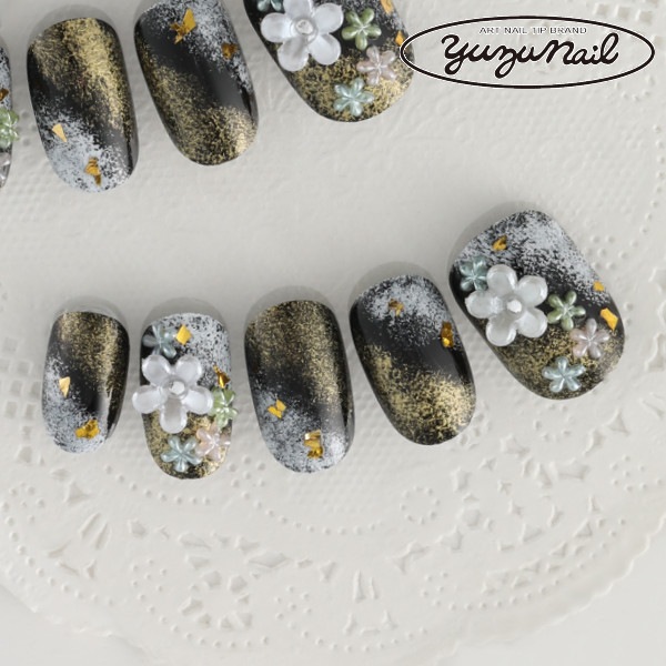 デザインネイルチップ つけ爪ゆずネイル ネイルチップ ブラック系 花 ゴージャス 着物 成人式 振袖 卒業式 袴 C R Bk の販売 ゆず ネイル公式通販