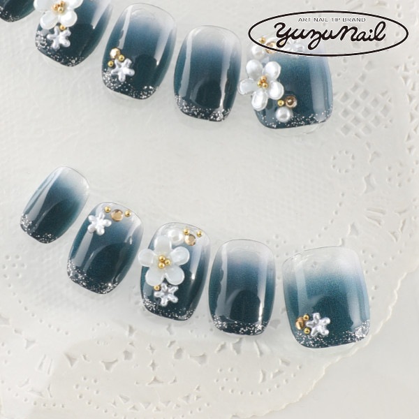 デザインネイルチップ つけ爪ゆずネイル ネイルチップ ブルー系 フレンチ ブロッキング 花 着物 成人式 振袖 浴衣 卒業式 袴 B 1 Q Cnb の販売 ゆずネイル公式通販