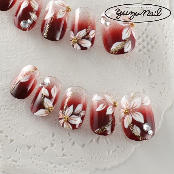 デザインネイルチップ つけ爪ゆずネイル ネイルチップ レッド系 ブラウン系 花 秋 冬 デート ドレス D R Cbo の販売 ゆずネイル 公式通販