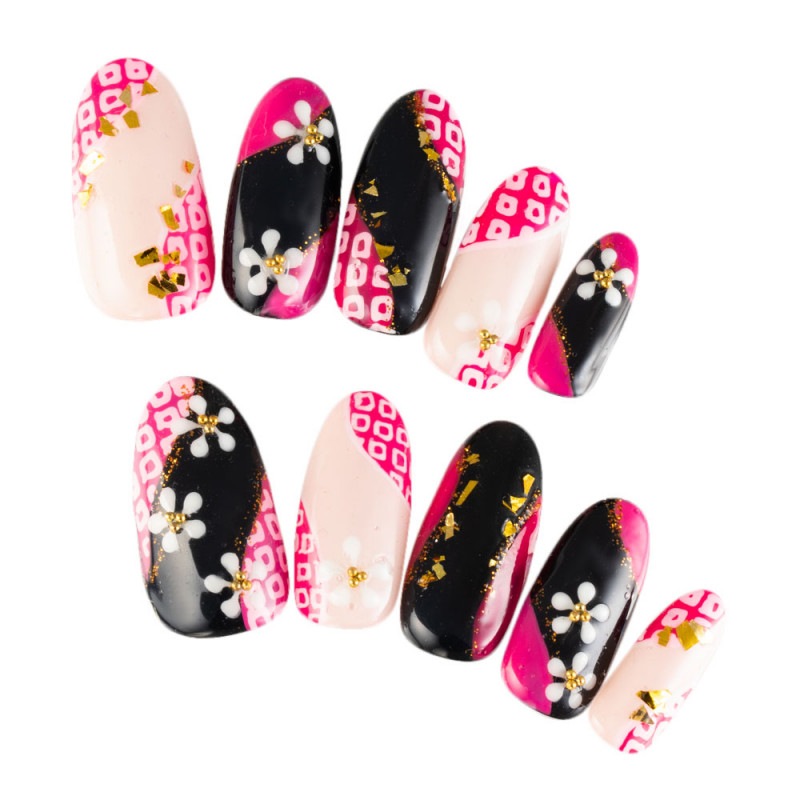 デザインネイルチップ つけ爪ゆずネイル ネイルチップ ピンク系 ブラック系 花 着物 成人式 振袖 卒業式 袴 G M Bk の販売 ゆず ネイル公式通販