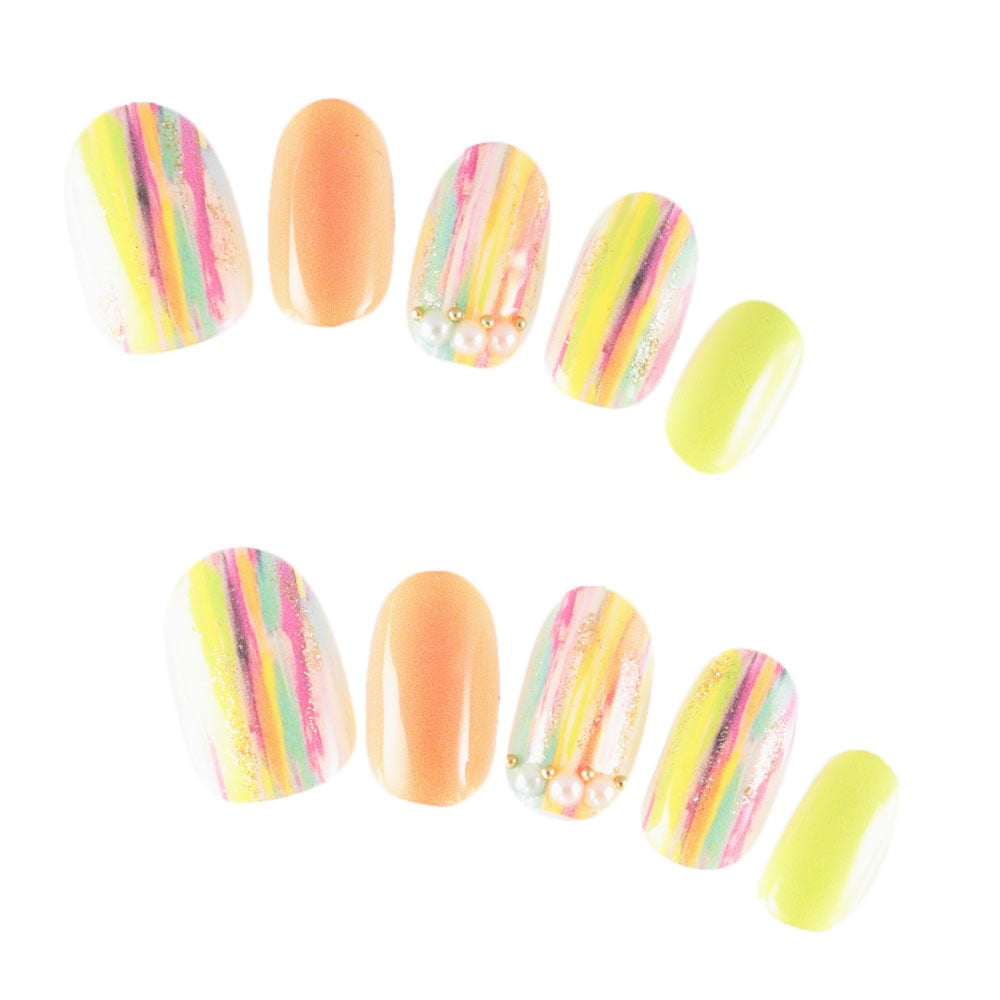 ゆずネイル｜ネイルチップ  オレンジ系 グリーン系 マルチカラー カジュアル ポップ・個性的 デート ドレス 結婚式(お呼ばれ・ゲスト)（G04038-R-C）