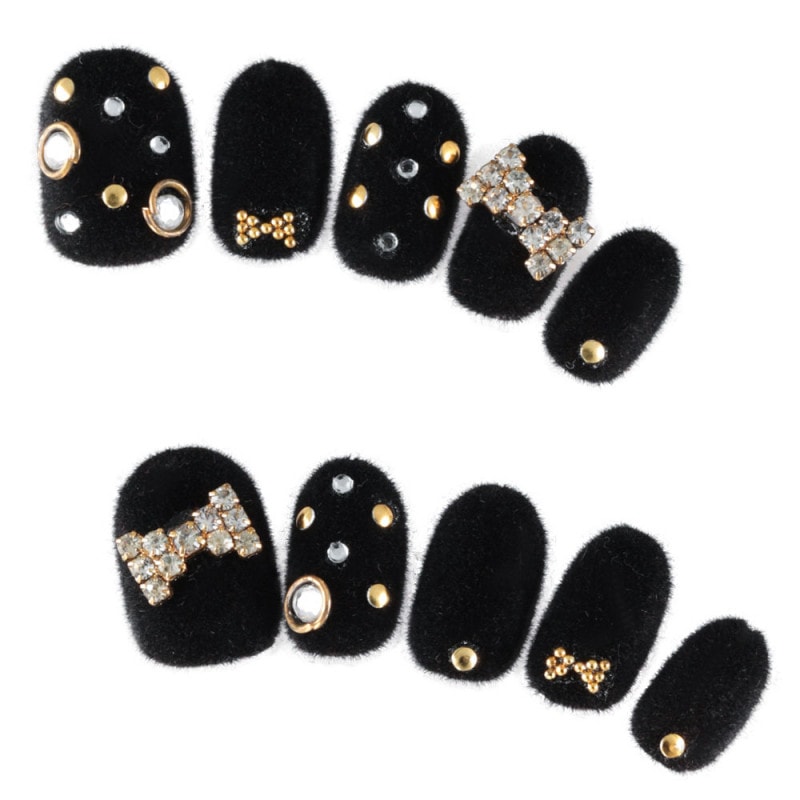 ゆずネイル｜ネイルチップ  ブラック系 ベロア加工 リボン 秋 冬 ポップ・個性的（G06002-R-BK）