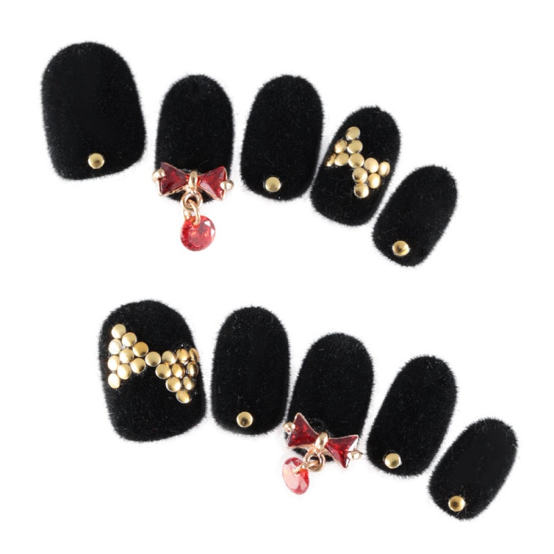 ゆずネイル｜ネイルチップ  ブラック系 ベロア加工 リボン 秋 冬 ポップ・個性的（G06004-R-BK）