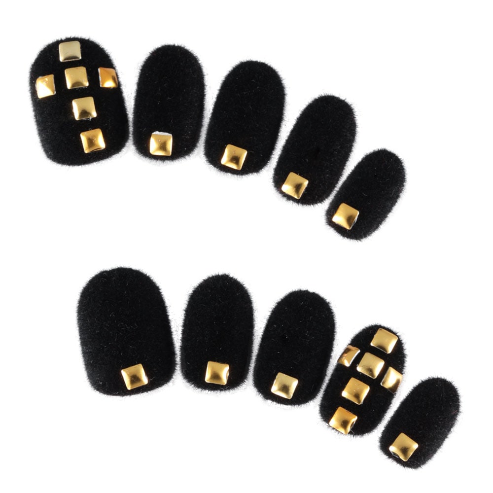 ゆずネイル｜ネイルチップ  ブラック系 ベロア加工 クロス・スカル 秋 冬 ロック ポップ・個性的（G06005-R-BK）