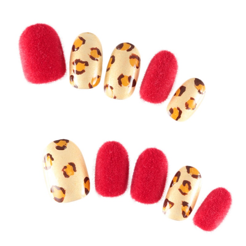 ゆずネイル｜ネイルチップ  レッド系 ゴールド&シルバー系 アニマル柄 ベロア加工 秋 冬 ポップ・個性的（G06006-R-RED）