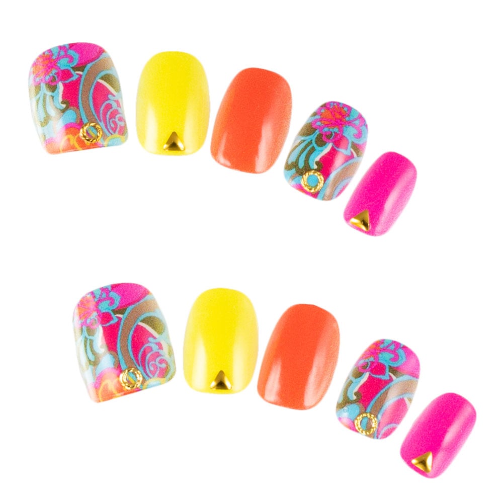 デザインネイルチップ つけ爪ゆずネイル ネイルチップ ピンク系 イエロー系 マルチカラー 花 裏原 ポップ 個性的 デート ドレス 海 G Q C の販売 ゆずネイル公式通販