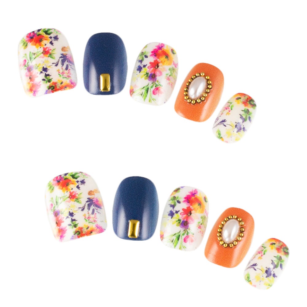 デザインネイルチップ つけ爪ゆずネイル ネイルチップ オレンジ系 ブルー系 マルチカラー 花 フェミカジ デート ドレス 結婚式 お呼ばれ ゲスト G Q C の販売 ゆずネイル公式通販