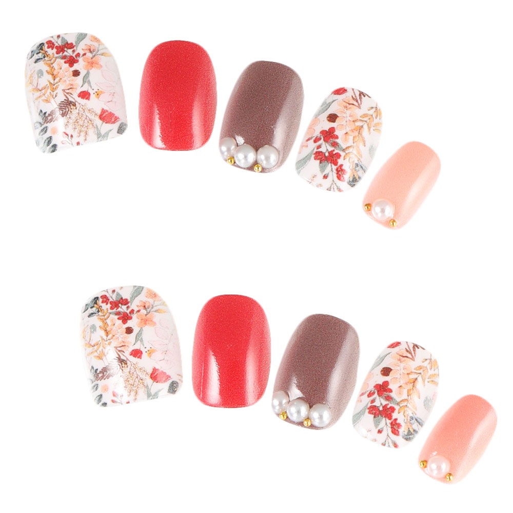 デザインネイルチップ つけ爪ゆずネイル ネイルチップ レッド系 ブラウン系 マルチカラー 花 デート ドレス 結婚式 お呼ばれ ゲスト H005 Q C の販売 ゆずネイル公式通販