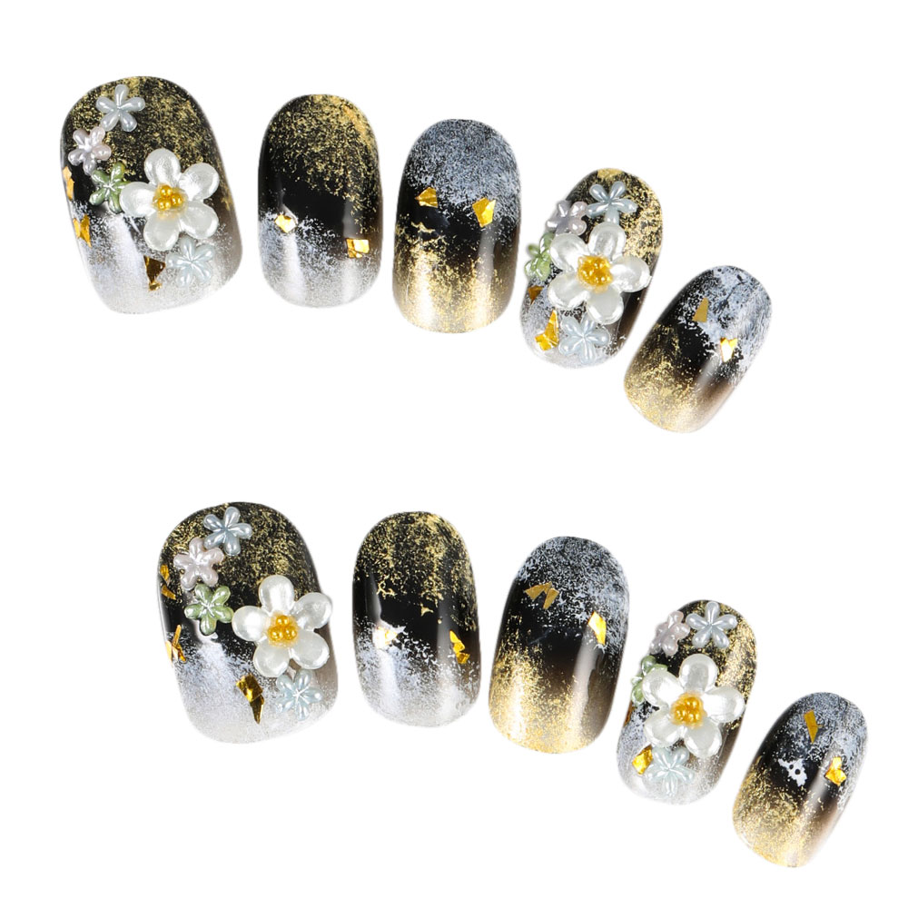 デザインネイルチップ つけ爪ゆずネイル ネイルチップ ブラック系 花 着物 成人式 振袖 卒業式 袴 H R Cbk の販売 ゆずネイル 公式通販
