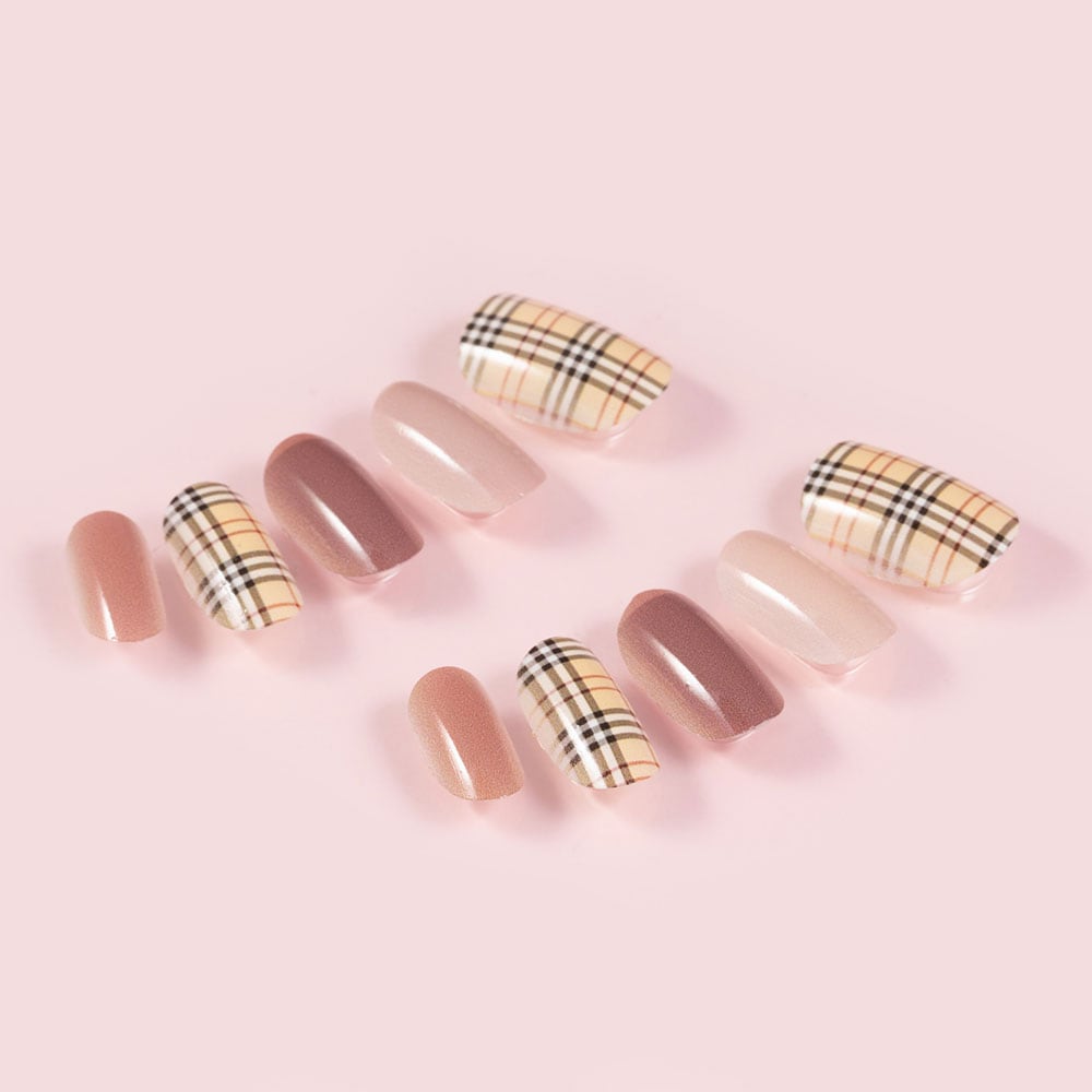フラットベージュのチェック（H09007-R-C） | デザインネイルチップ