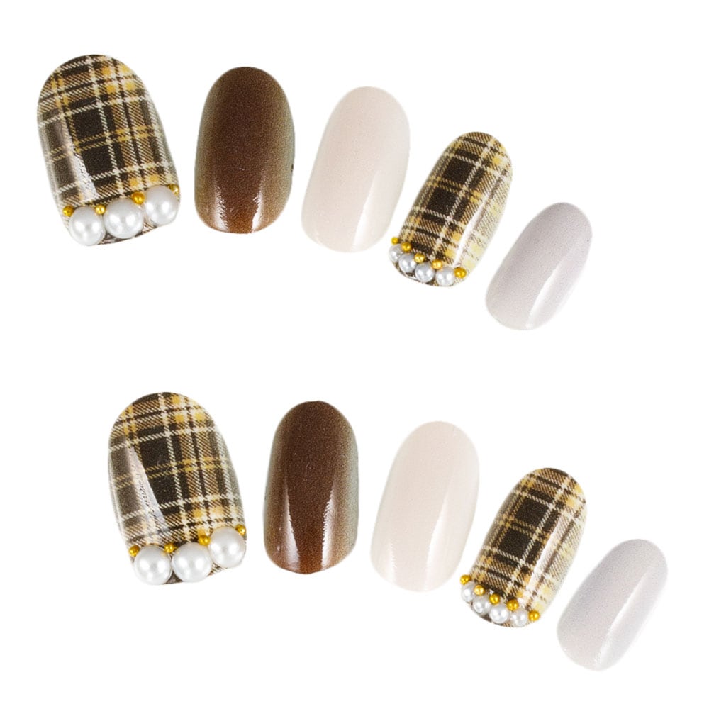 ゆずネイル｜ネイルチップ  ブラウン系 ツィード・チェック 秋 冬 デート（I04011-R-C）