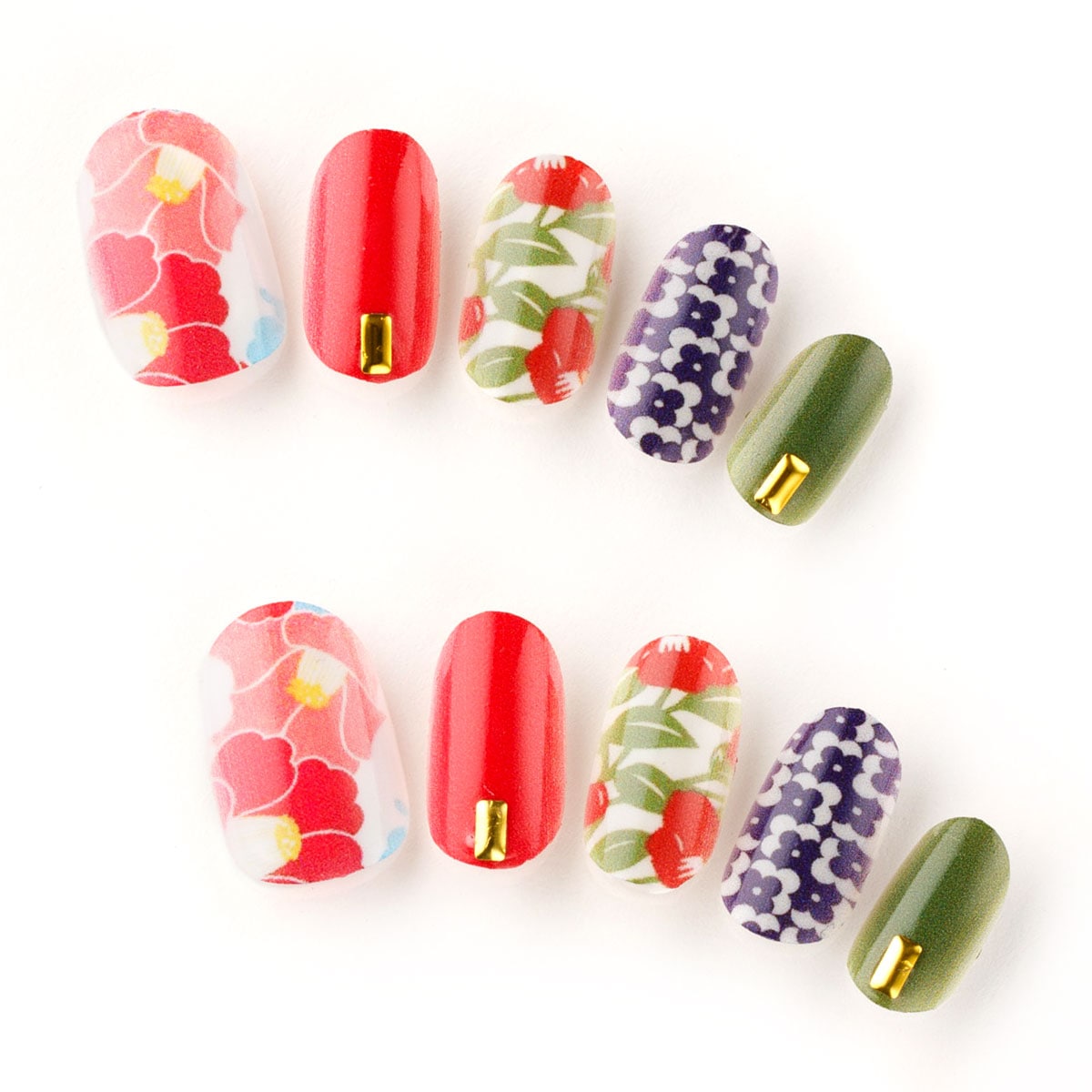 ゆずネイル｜ネイルチップ レッド系 マルチカラー 花 浴衣 着物 成人式