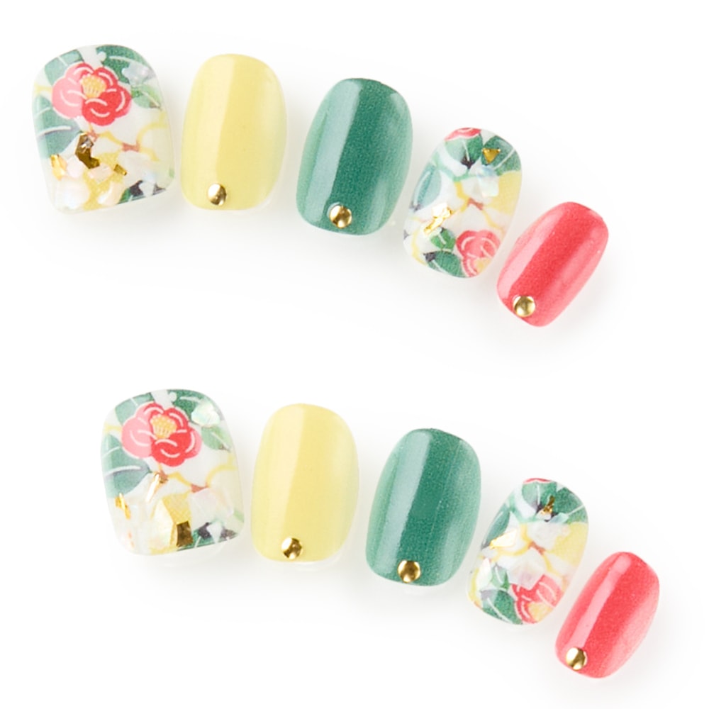 ツバキ柄和テイストマルチ（J01007-Q-C） | デザインネイルチップ