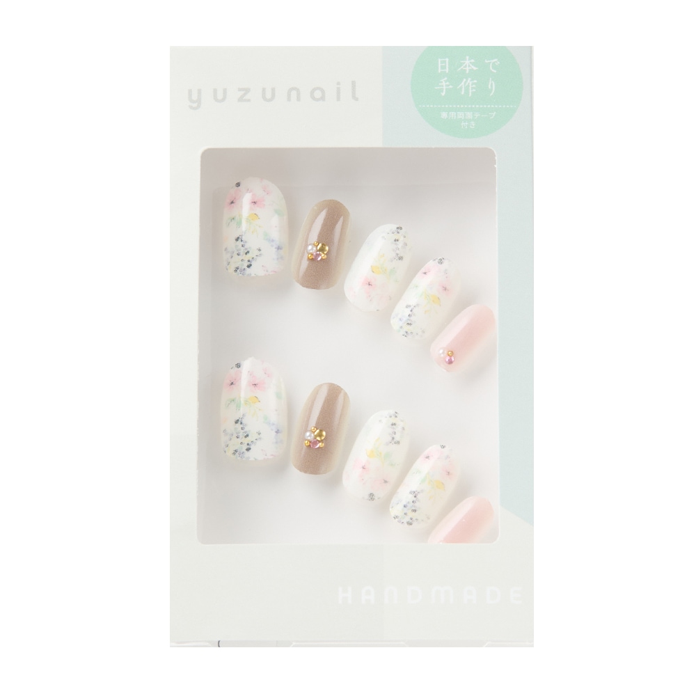 ゆずネイル｜ネイルチップ ベージュ系 ピンク系 花 ガーリッシュ