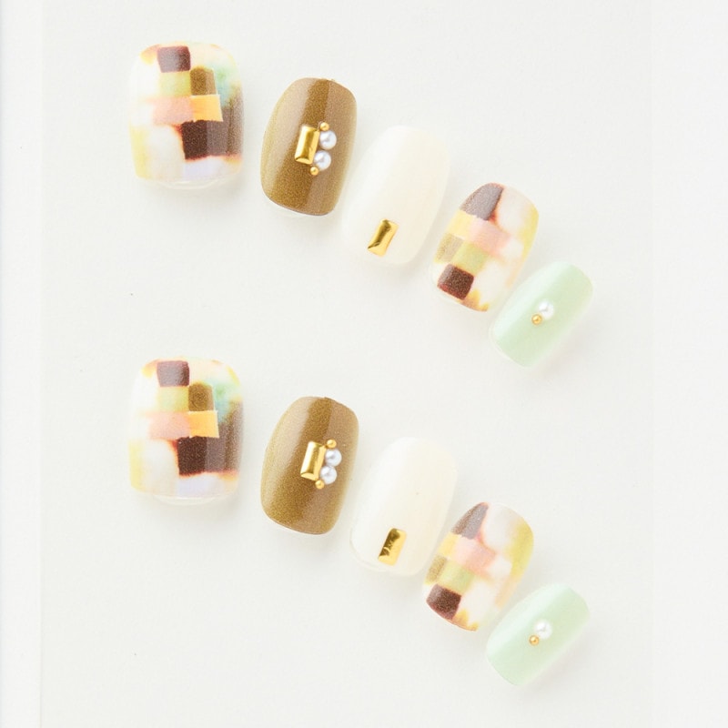 水彩にじみペイント風　からし色とブラウンとモスグリーン（J07016-Q-C）