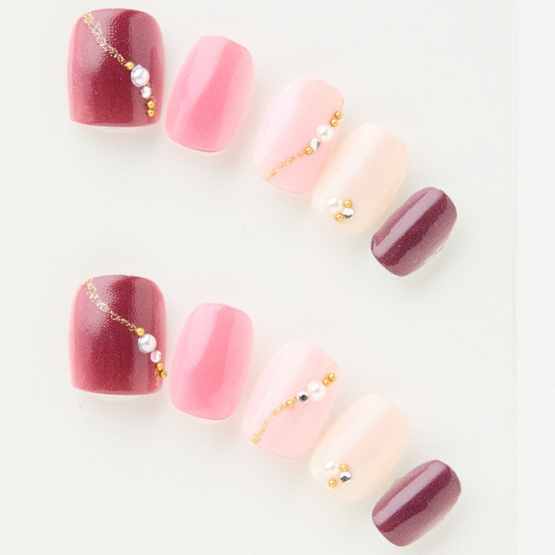 細いラメラインにストーン　ボルドーとピンク（J06008-Q-C）