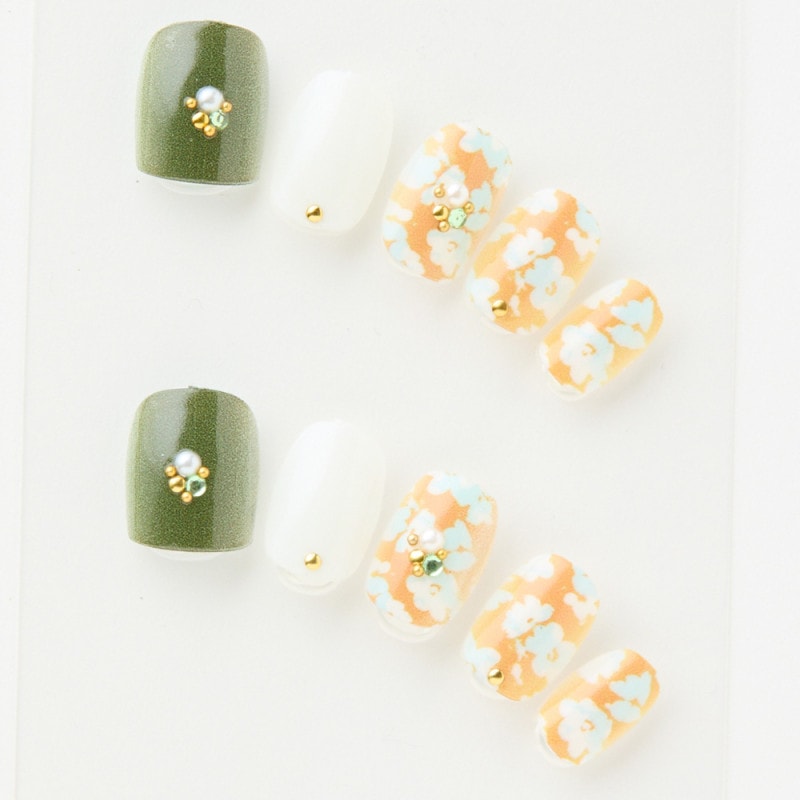 北欧風お花柄　くすみグリーンとからし色（J07034-Q-C）