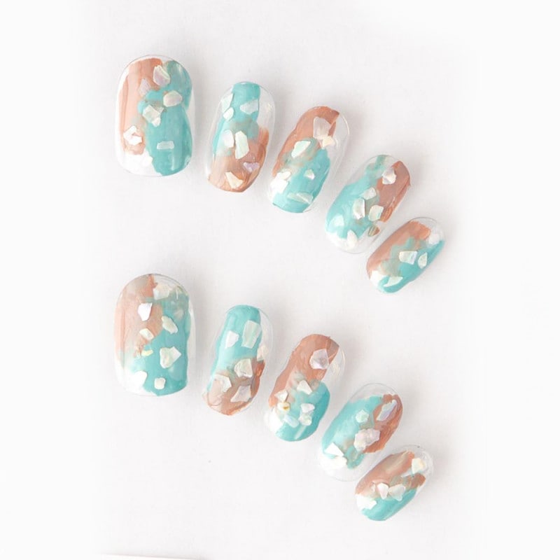 ゆずネイル｜ネイルチップ  ベージュ系 ブルー系 グリーン系 デート ドレス 結婚式(お呼ばれ・ゲスト) 海（K03003-R-C）