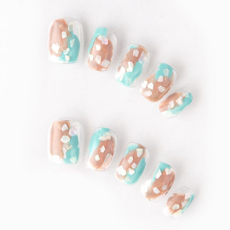 ゆずネイル｜ネイルチップ  ベージュ系 ブルー系 グリーン系 クリア系 夏 デート ドレス 結婚式(お呼ばれ・ゲスト) 海（K03003-Q-C）