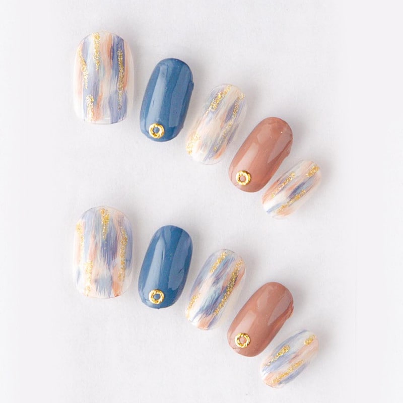 ゆずネイル｜ネイルチップ  ブラウン系 ブルー系 デート ドレス 結婚式(お呼ばれ・ゲスト)（K03006-R-C）