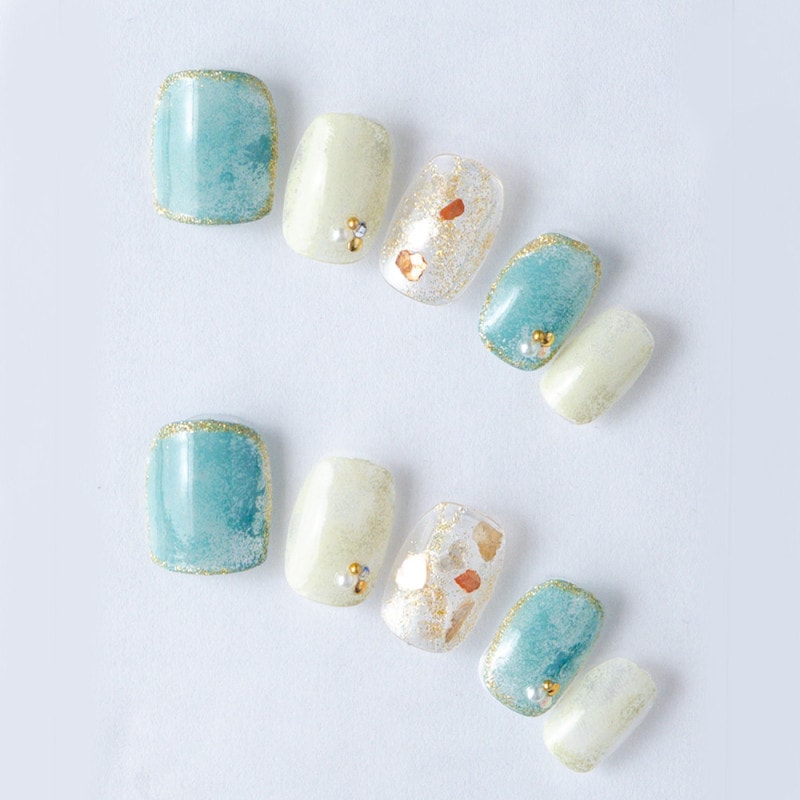 ゆずネイル｜ネイルチップ  ホワイト系 ブルー系 デート ドレス 結婚式(お呼ばれ・ゲスト)（K04015-Q-GSAX）