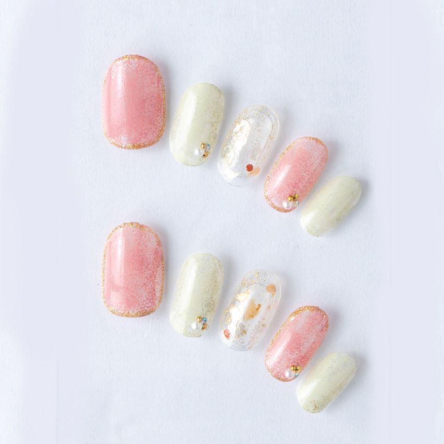 ゆずネイル｜ネイルチップ  ホワイト系 ピンク系 クリア系 デート ドレス 結婚式(お呼ばれ・ゲスト)（K04015-R-SMPK）