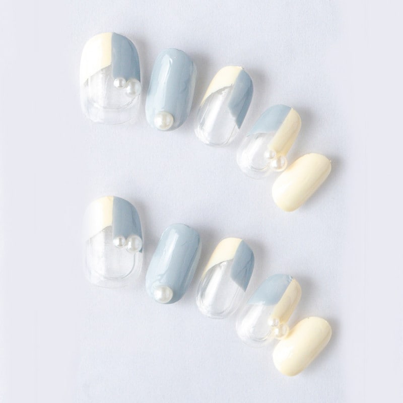 ゆずネイル｜ネイルチップ  ホワイト系 ブルー系 フレンチ・ブロッキング シンプル デート ドレス（K05001-R-C）