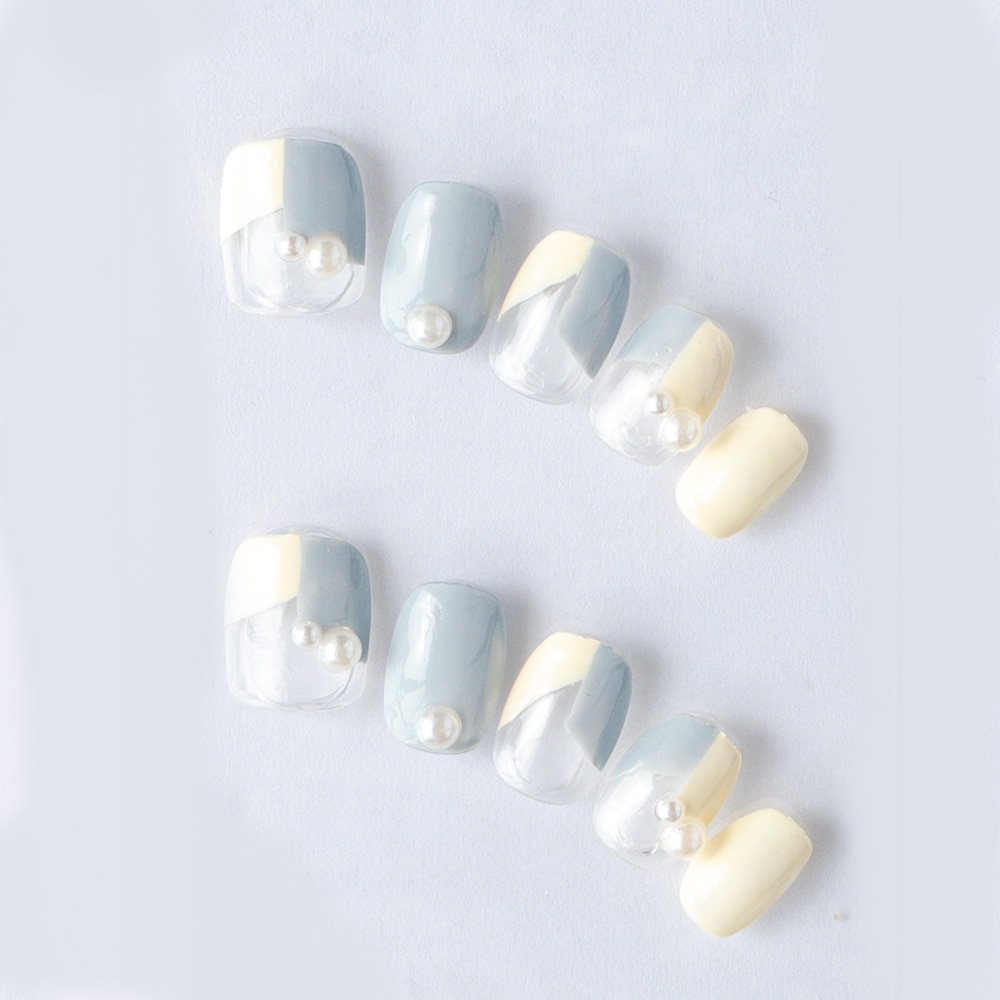 ゆずネイル｜ネイルチップ  ホワイト系 ブルー系 フレンチ・ブロッキング シンプル デート ドレス（K05001-Q-C）