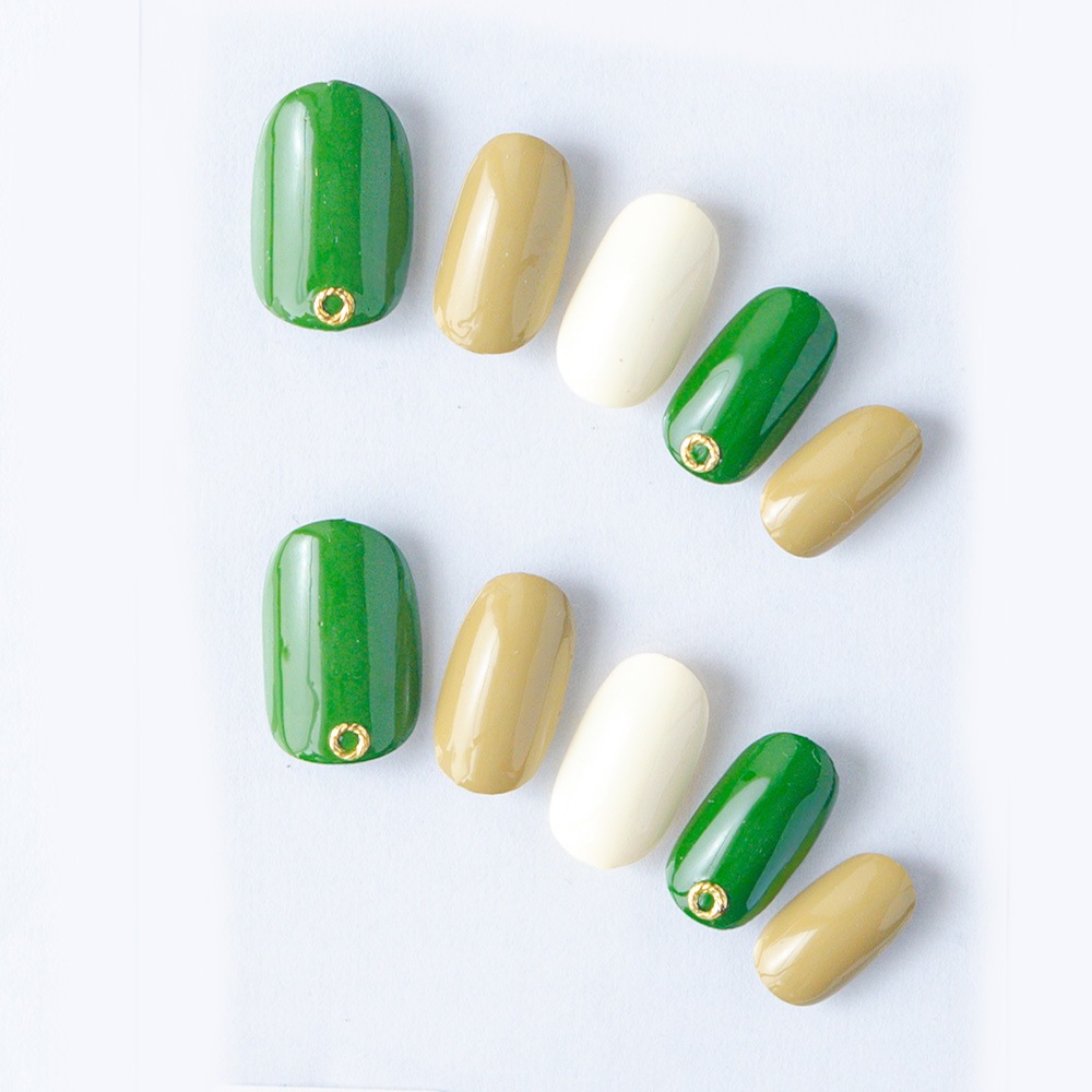 ゆずネイル｜ネイルチップ  グリーン系 シンプル デート ドレス 結婚式(お呼ばれ・ゲスト)（K05002-R-C）
