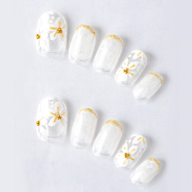 ゆずネイル｜ネイルチップ  ホワイト系 クリア系 フレンチ・ブロッキング 花 ウェディング デート ドレス 結婚式(お呼ばれ・ゲスト)（K05003-R-C）