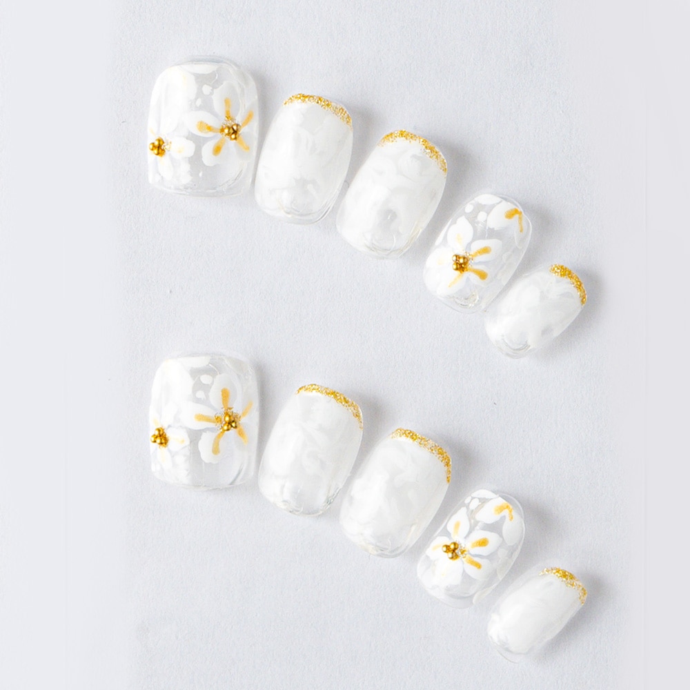 ゆずネイル｜ネイルチップ  ホワイト系 クリア系 フレンチ・ブロッキング 花 デート ドレス 結婚式(お呼ばれ・ゲスト)（K05003-Q-C）