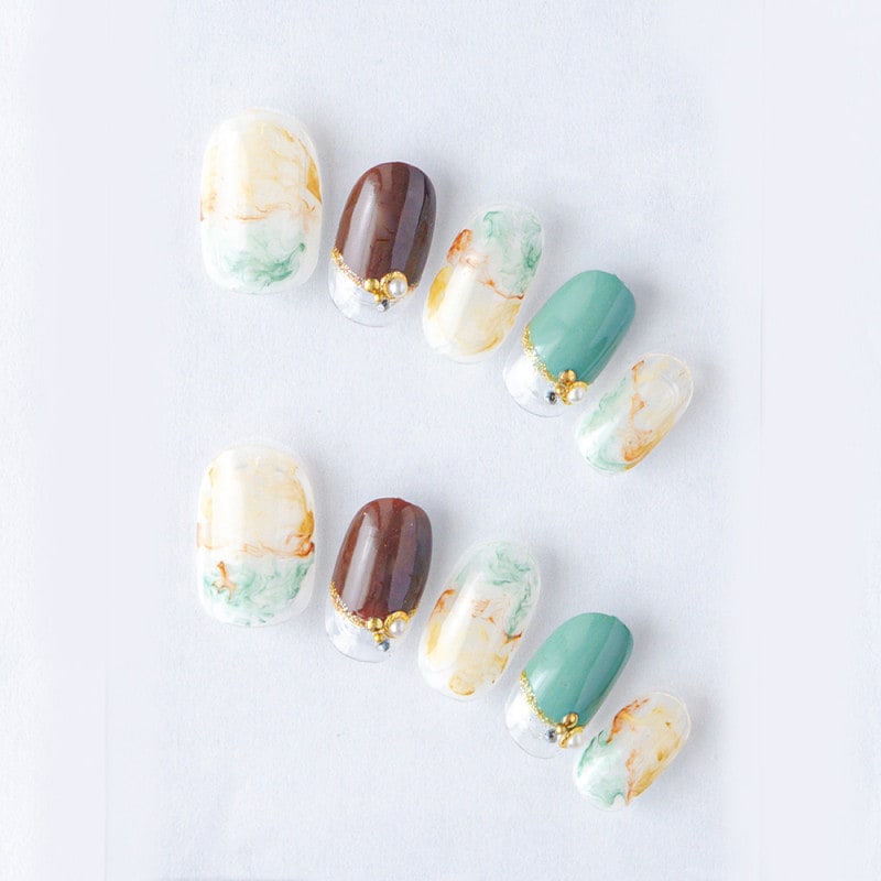 ゆずネイル｜ネイルチップ  ブラウン系 グリーン系 フレンチ・ブロッキング マーブル デート ドレス 結婚式(お呼ばれ・ゲスト)（K06004-R-C）