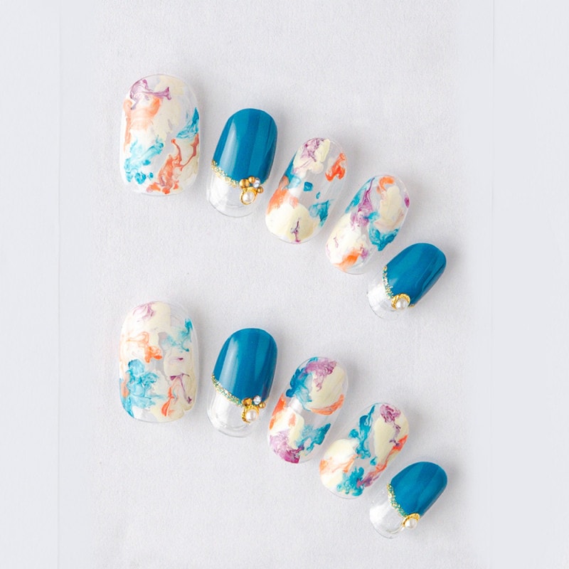 ゆずネイル｜ネイルチップ  ブルー系 マルチカラー フレンチ・ブロッキング マーブル デート ドレス 結婚式(お呼ばれ・ゲスト)（K06005-Q-C）
