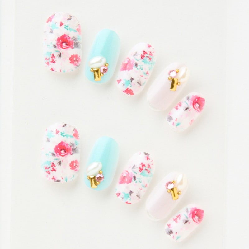 鮮やかなお花柄とおっきめパールのビジュー　差し色水色（J07010-R-C）