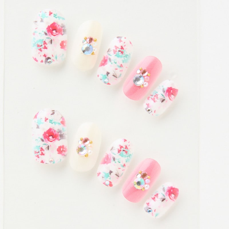 鮮やかなお花柄　おっきめストーンとガーリーピンク（J07009-R-C）