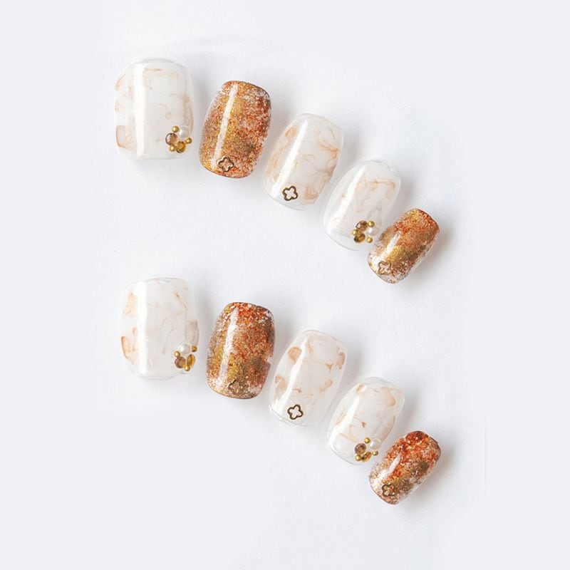 ゆずネイル｜ネイルチップ  ホワイト系 ブラウン系 ゴールド&シルバー系 クール デート ドレス（K09007-Q-C）