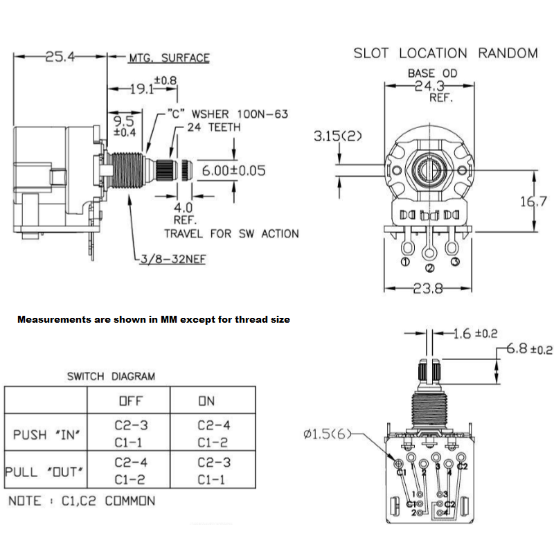 CTS Premium Potentiometer 500K Aカーブ Push-Pull DPDT インチ 3/8ブッシング 【宅配便A】