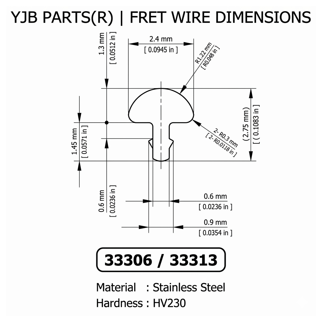 YJB PARTS ステンレスフレット ミディアム 2.4mm×1.3mm 70mm 24本入り 三晃製 特注230HV 【メール便送料無料】
