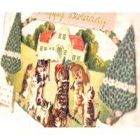 ANTIQUE 【誕生日】 キャット 立体 グリーティングカード （猫×傘×赤い家）|誕生祝い|グリーティングカード