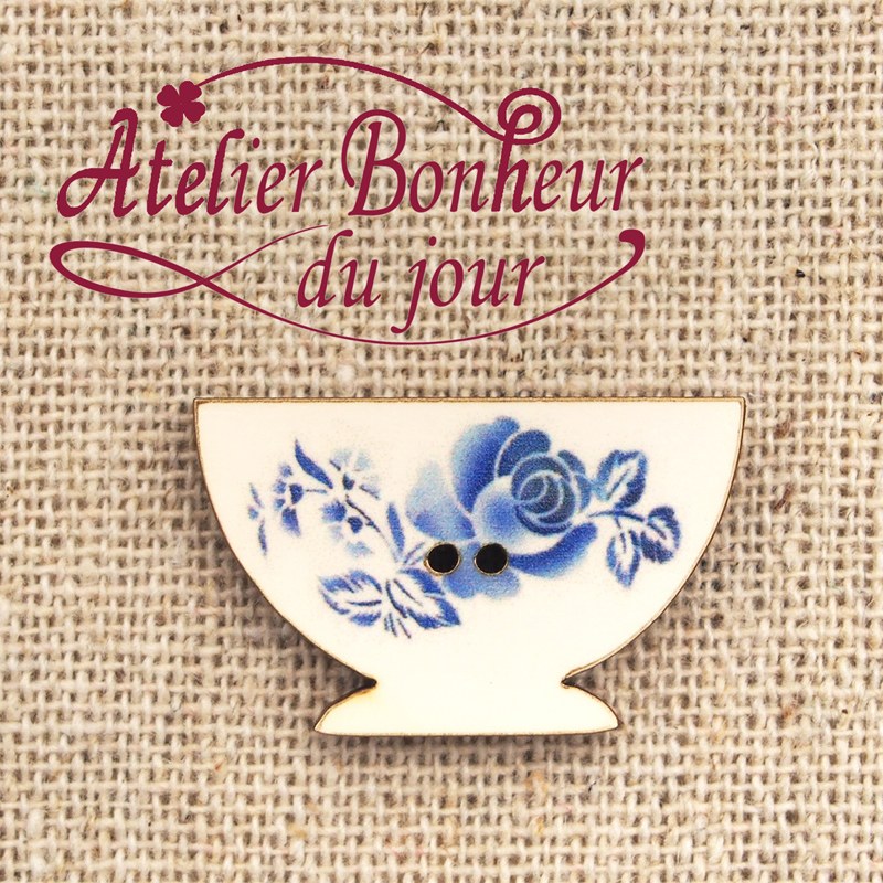フランス製 木製ボタン 2つ穴 （ディゴワンのカフェオレボウル×ブルー） アトリエ・ボヌール・ドゥ・ジュール