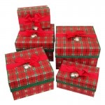 Punch Studio 【クリスマス】 リボン付き スクエアボックス 5点セット （タータンチェック×赤色）