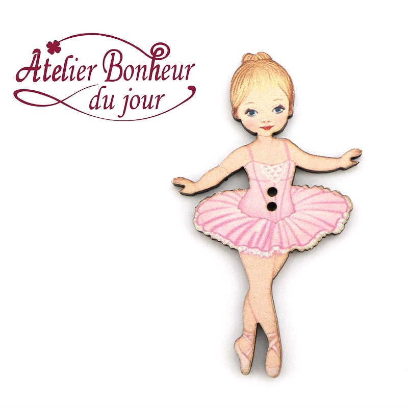 フランス製 木製ボタン 2つ穴 （ピンクのバレリーナの女の子） アトリエ・ボヌール・ドゥ・ジュール