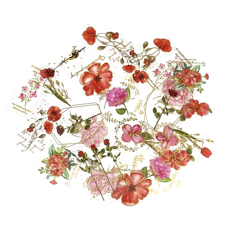 フレークシール セット スクラップ素材 Flowersシリーズ （レッド×ピンク）箔押し PET素材