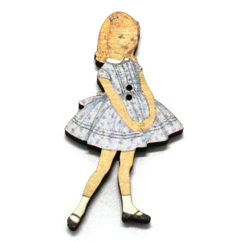 フランス製 木製ボタン 2つ穴 （青い小花柄のワンピースの女の子） アトリエ・ボヌール・ドゥ・ジュール