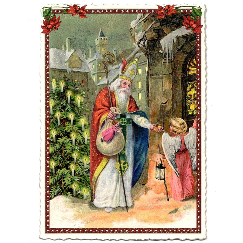 ドイツ製 クリスマス ラメ＆ダイカットポストカード (サンタクロースと天使)