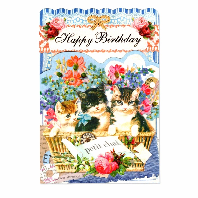 ANTIQUE 【誕生日】 キャット 箔押し・ラメ付き グリーティングカード （猫3匹×花×かご）