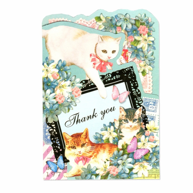 ANTIQUE 【サンキューカード】 キャット 箔押し・ラメ付き グリーティングカード （猫3匹×花×蝶）
