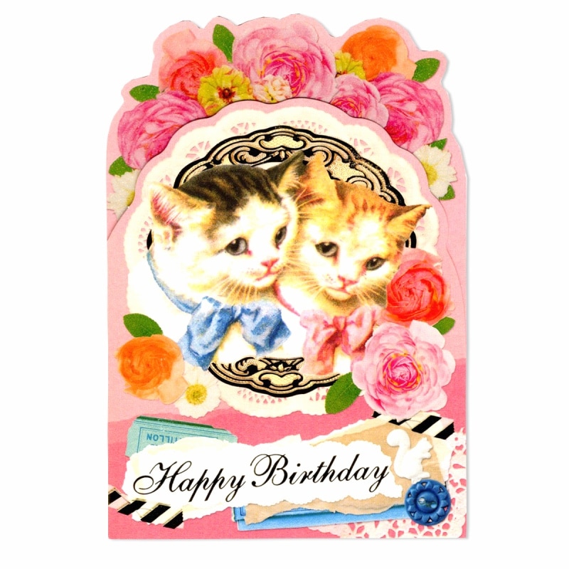 ANTIQUE 【誕生日】 キャット 箔押し・ラメ付き グリーティングカード （猫2匹×花×ピンク）