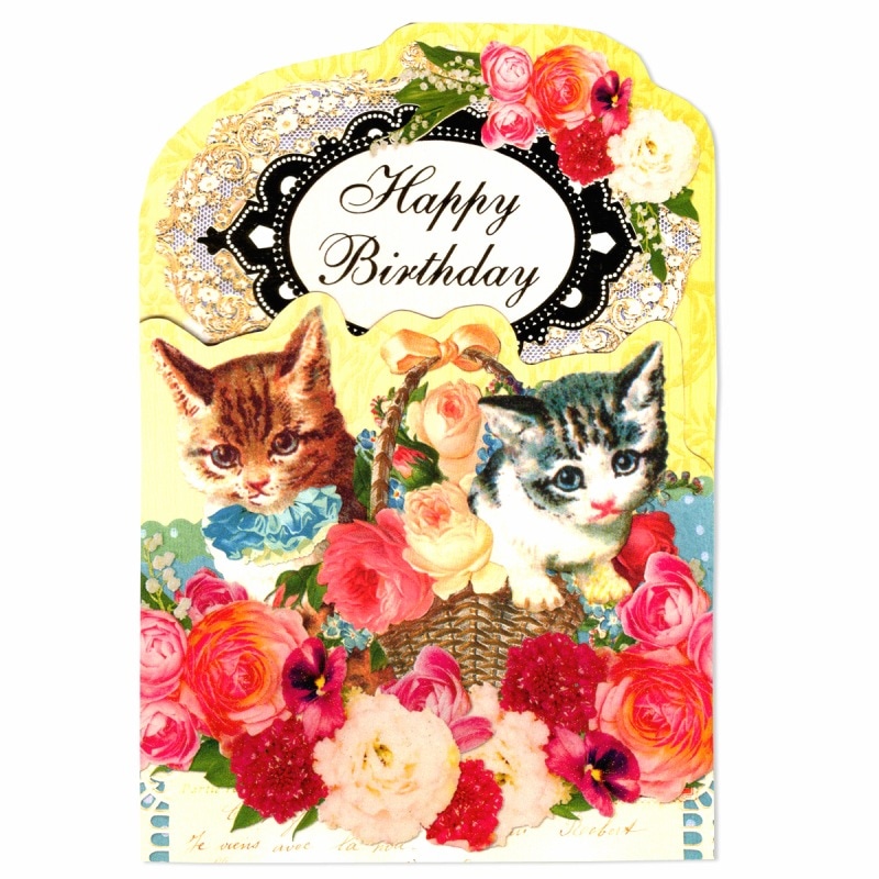ANTIQUE 【誕生日】 キャット 箔押し・ラメ付き グリーティングカード （猫2匹×花×イエロー）